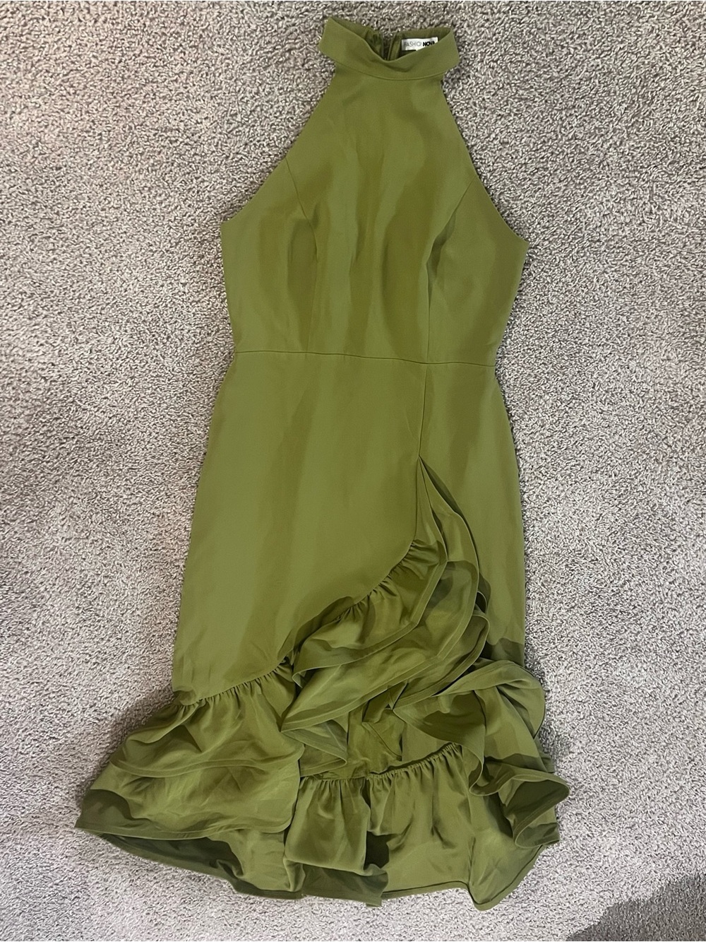 Fashion Nova Olive Halter High-Low Ruffle Dress